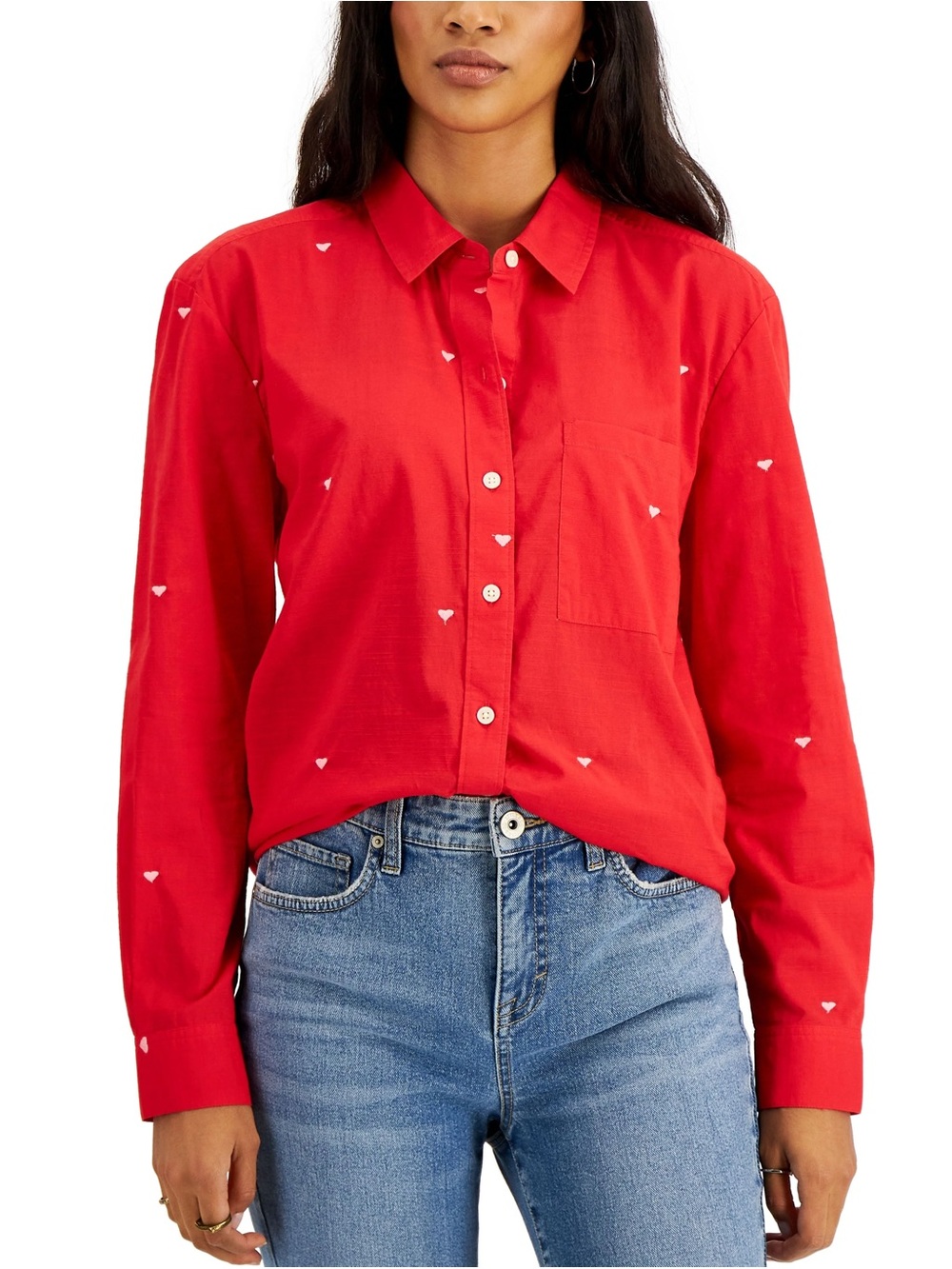 ❣️ Style & Co. Women's Red & White Heart Patterned Button-Down Knit Shirt ❣️